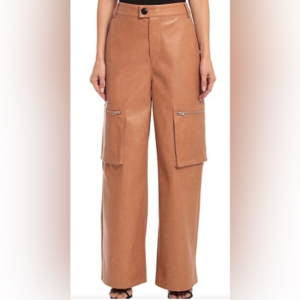AVEC LES FILLES Sz L Faux Leather Wide Leg Cargo Pockets High Rise Pants NEW
